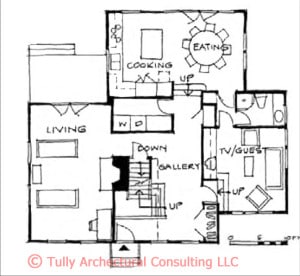 The new first-floor plan provide for a generous entry space as well as a grade-level bedroom with access to bathroom, kitchen, and dining room. CLICK TO ENLARGE