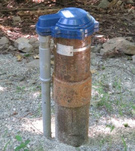 The well head is capped to protect the casing and keep out contaminants.