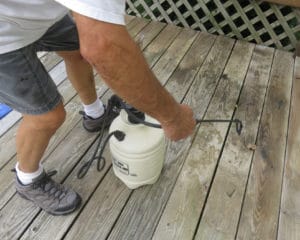 Remove deck stains and mold with commercial deck cleaner.