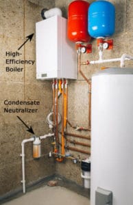 Condensate neutralizing filter for high efficiency boiler protects plumbing and septic system from corrosion.