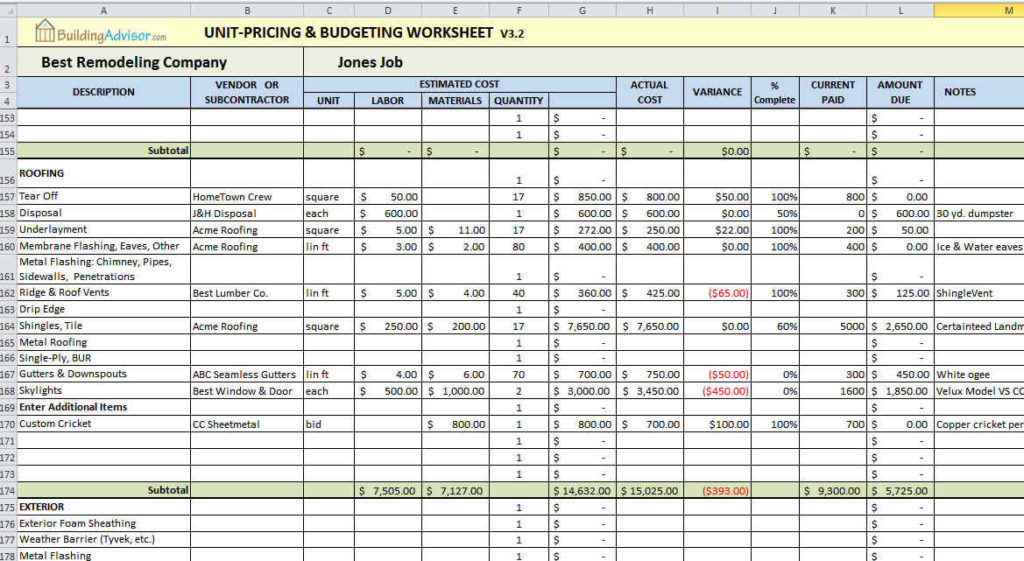 Unit-Pricing Estimating Spreadsheet