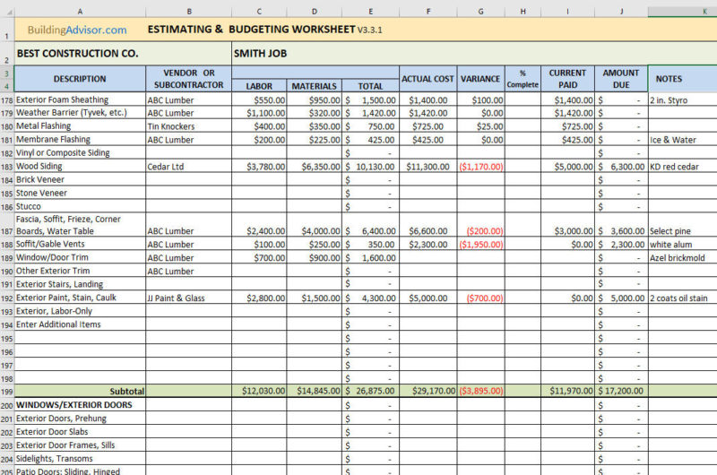 construction budget excel template