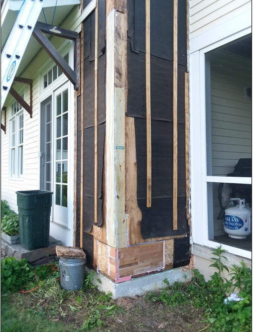 Water damage to sheathing and trim at new home corner