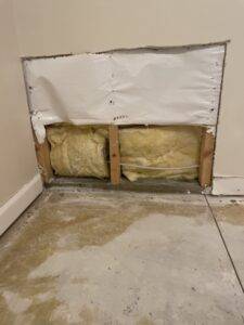 Owner removed the wet carpet and drywall to find the source of leakage in finished basement.